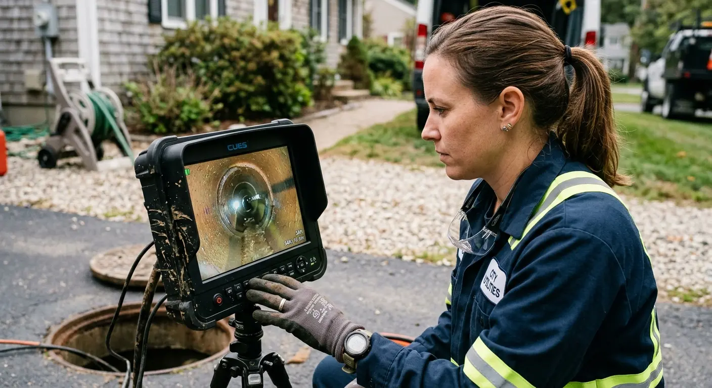 Technician reviewing sewer camera inspection footage in New Castle