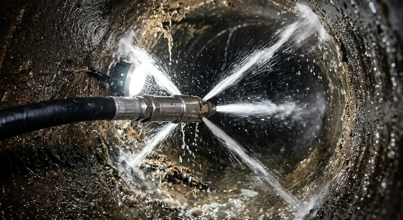 High-pressure hydro jetting nozzle cleaning sewer pipe for Storm Drain Cleaning in New Castle