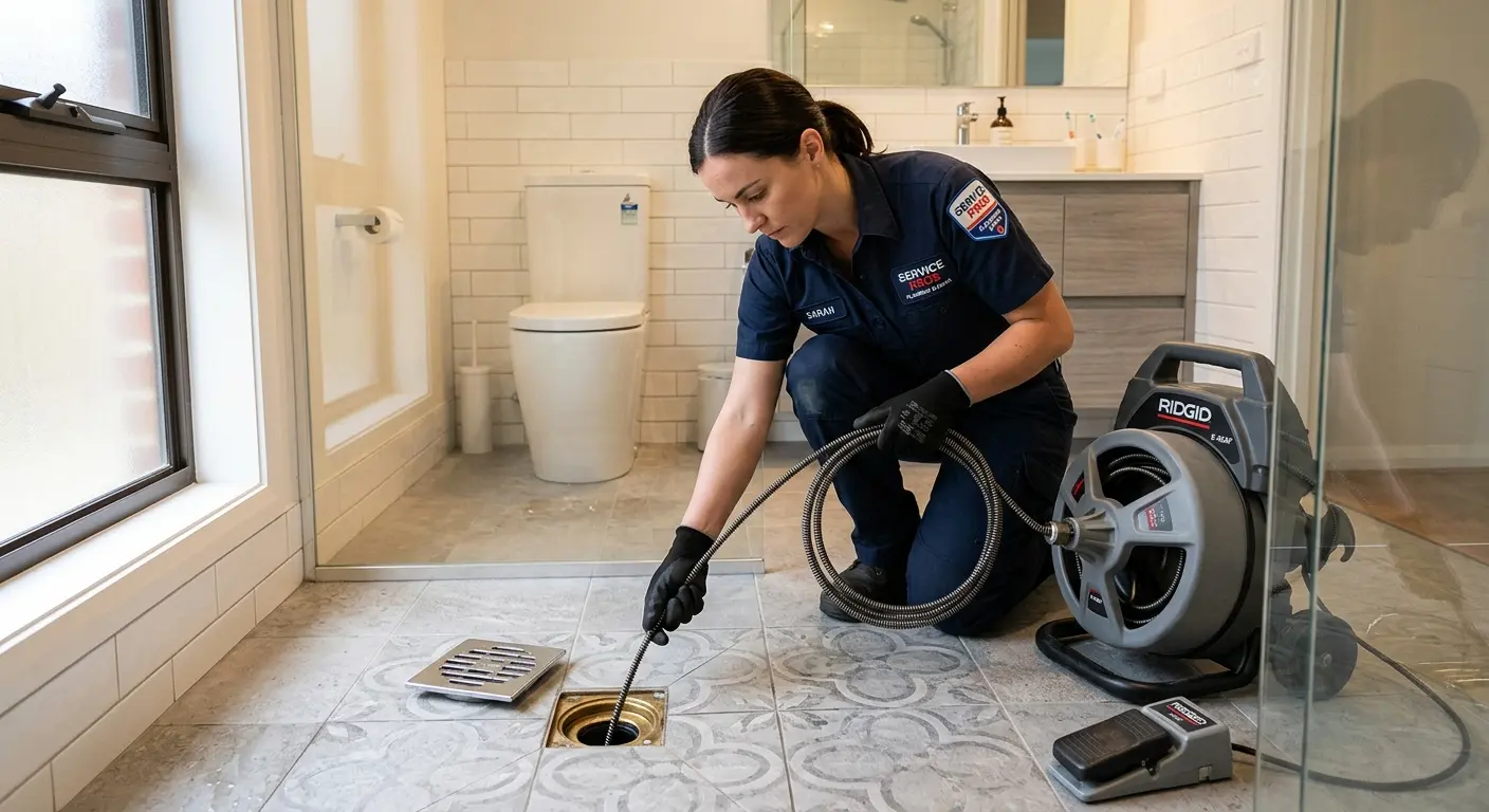 Technician clearing a bathroom floor drain for Drain Cleaning in New Castle